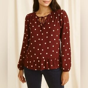 LOFT Burgundy and Polka Dot Peplum Blouse (1019)
